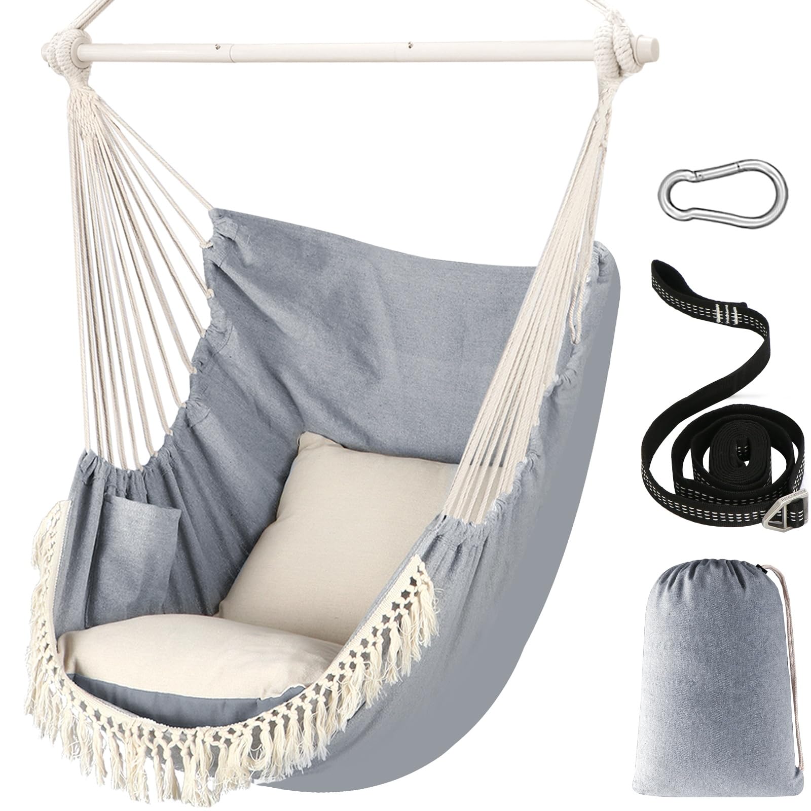 Chihee Hammock Chair Hanging Swing Max 500 Lbs 2 Cushions Included Metal Spreader Bar with Anti-Slip Grooves Portable Hanging Chair Side Pocket Large Macrame Bohemian Chair Indoor Outdoor | Hanging Swing with Anti-Slip Grooves Portable Hanging Chair Side