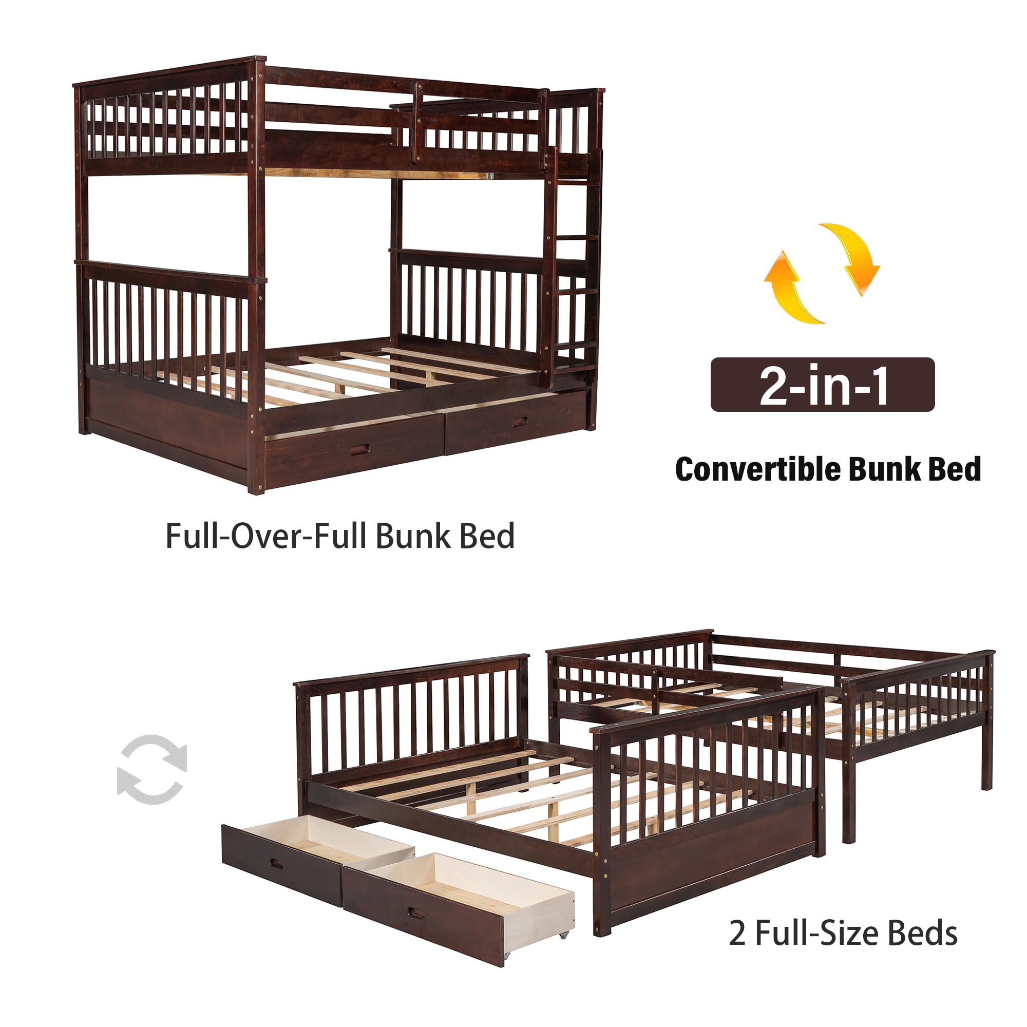Merax Wood Bunk Bed with Two Drawers,Convertible Wood Bunk Bed with Ladders and Two Storage Drawers,Solid Wood Detachable Bed Frame with Ladders, Twin Over Full Size, Espresso