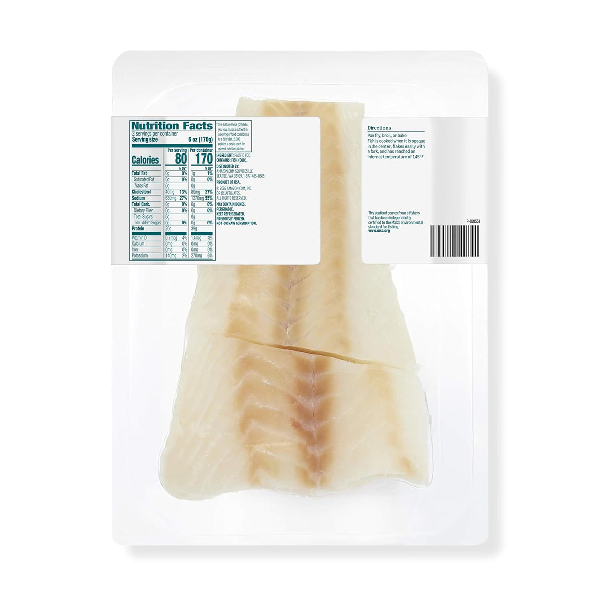 Amazon Grocery, Wild Caught Pacific Cod, Skinless Fillet Portions, 12 Oz (Previously Frozen, Packaging May Vary)