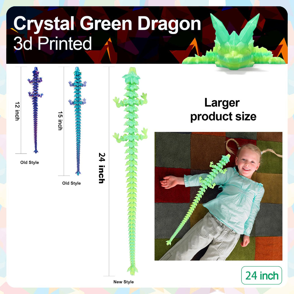 24" Large 3D Printed Dragon - Huge Articulated Crystal Dragon Fidget Toy, Giant Flexible 3D Dragon Figure, Birthday Gift for Boys Girls Kids & Collectors, Home Office Executive Desk Decor