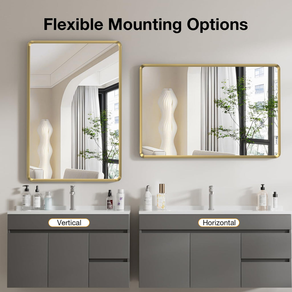 22x30 inch Gold Bathroom Mirror,Rounded Rectangle Gold Metal Framed, HD Tempered Glass, Horizontal or Vertical Hanging, Modern Bathroom Decor