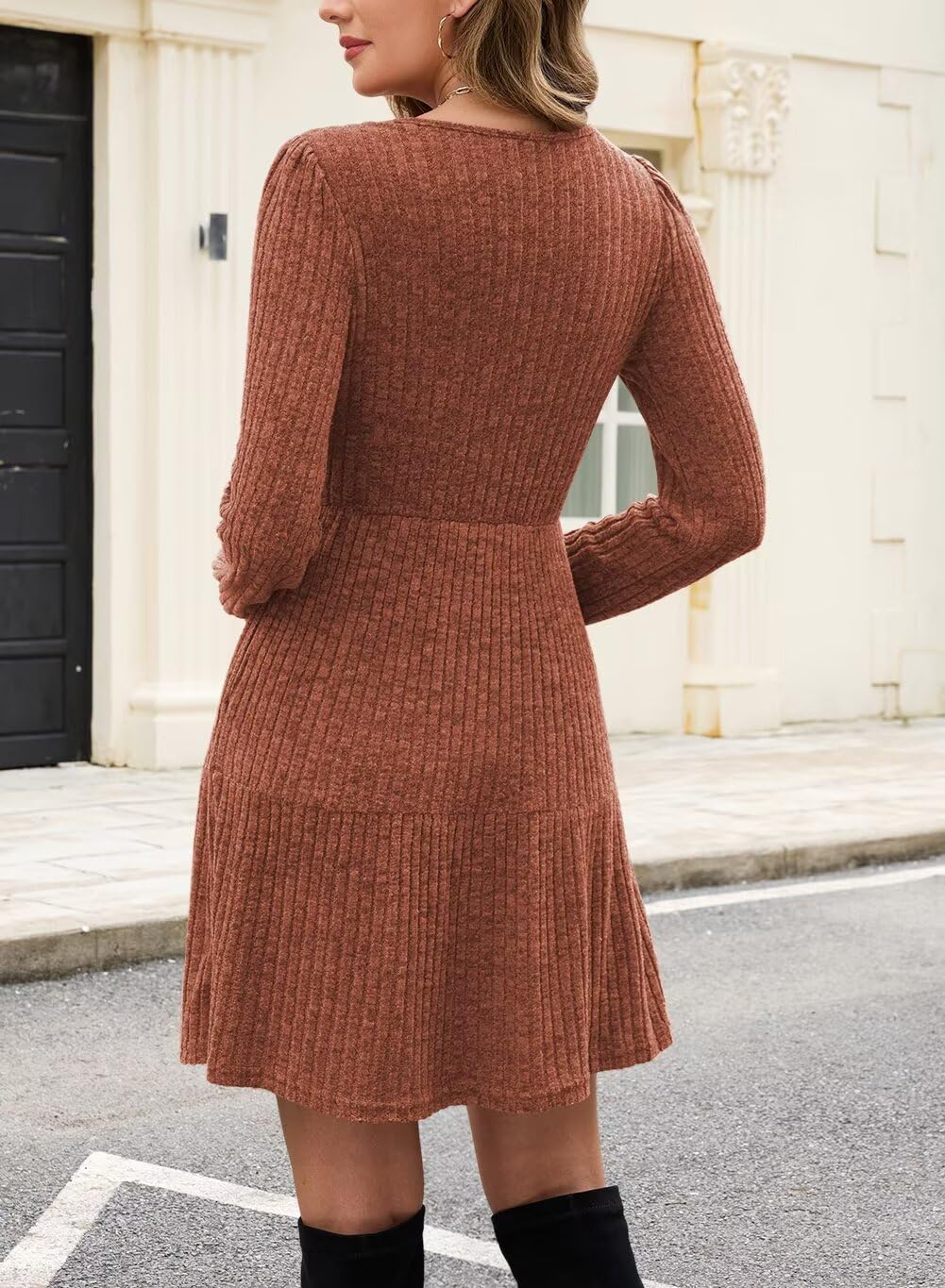 QACOHU Falll Dresses for Women 2026 Crew Neck Long Lantern Sleeve Casual Loose Flowy Swing Shift Dress