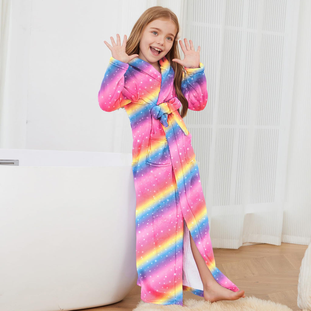 Jxstar Girls Bathrobes Kids Long Hooded Robes Plush Full Length Coral Fleece Pajamas Sleepwear