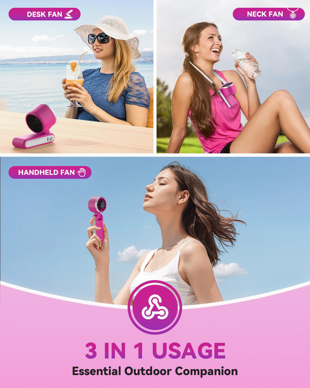 PlayHot Portable Handheld Turbo Fan, 5 Gear Wind, USB-C Rechargeable Fan, Up to 12 Working Hours, 3 IN 1 Hand Fans with Air Turbo Tech Cooling Fan for Outdoor Activities, Travel, Beach (Black)