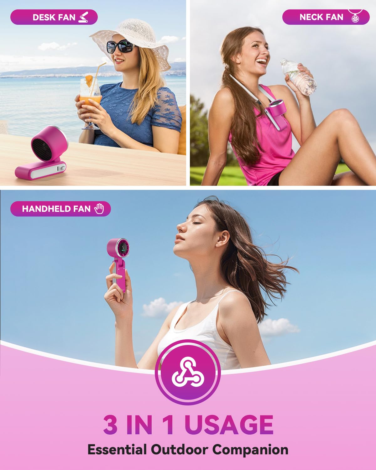 PlayHot Portable Handheld Turbo Fan, 5 Gear Wind, USB-C Rechargeable Fan, Up to 12 Working Hours, 3 IN 1 Hand Fans with Air Turbo Tech Cooling Fan for Outdoor Activities, Travel, Beach (Black)