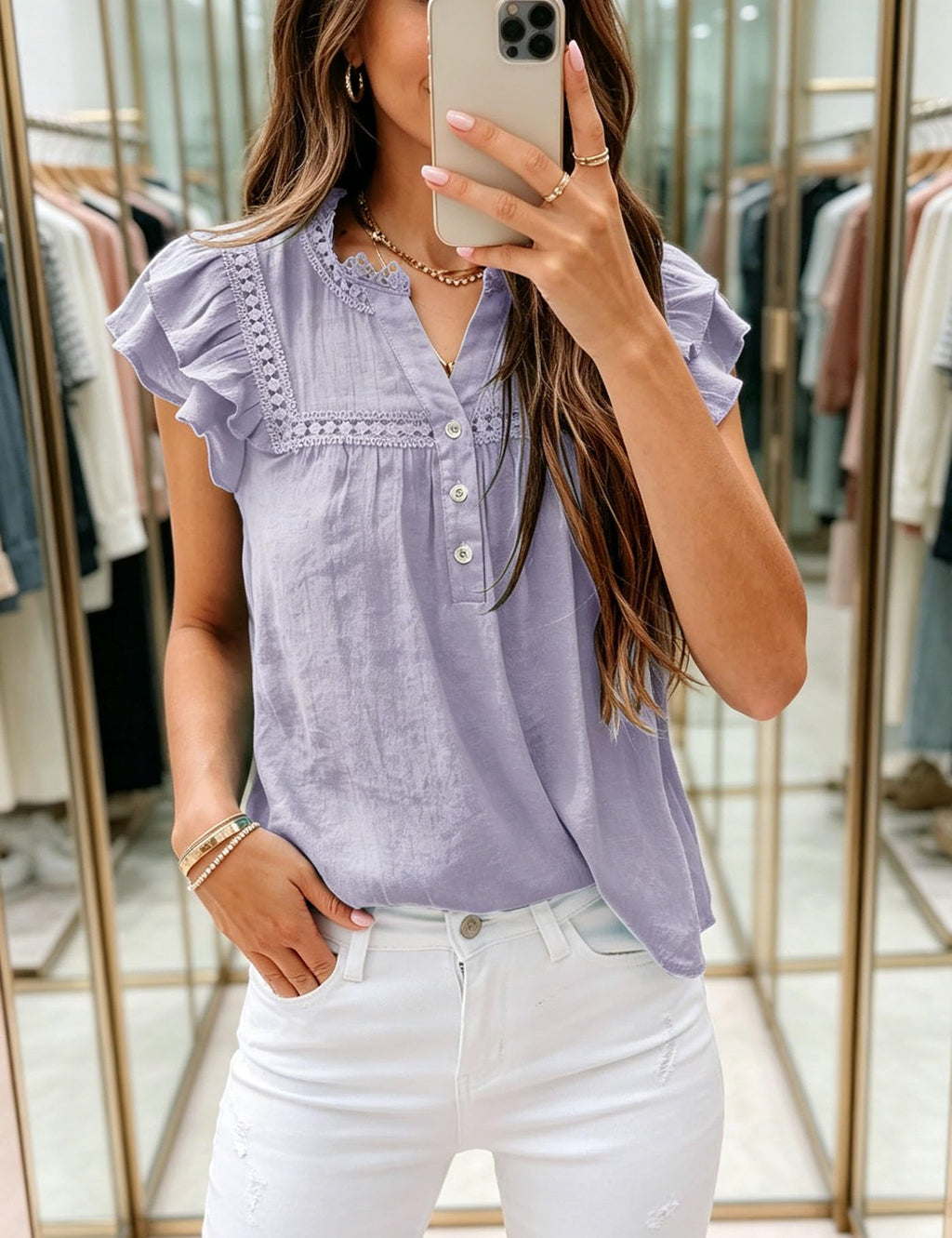 Women's V Neck Lace Crochet Shirts Button Down Short Sleeve Casual Blouse Tops