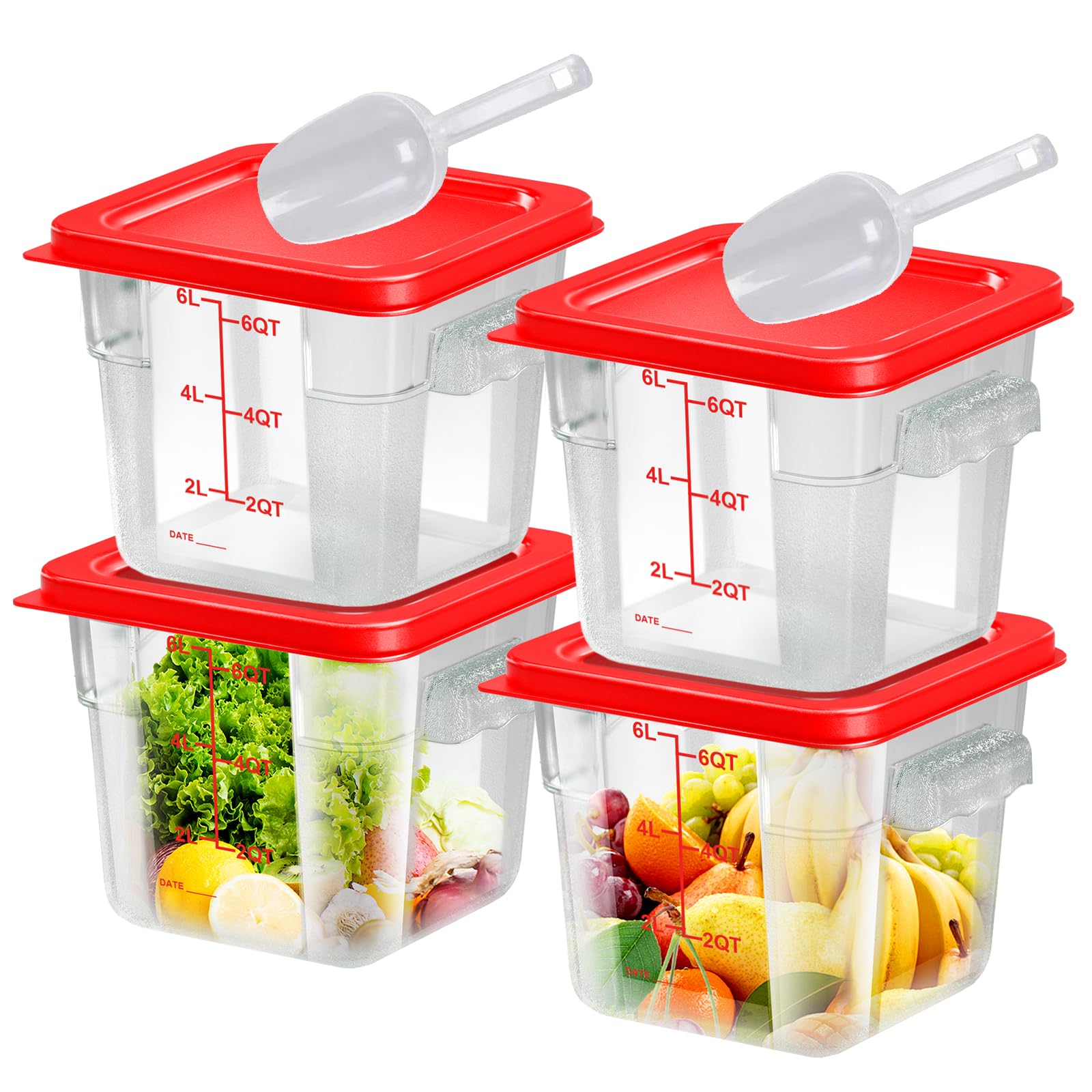 6 pcs 2qt Food Storage Containers with Lid, Square Clear Commercial Storage Containers with Handle and Scale for Food Storage in Home Kitchen & Dining (Green)