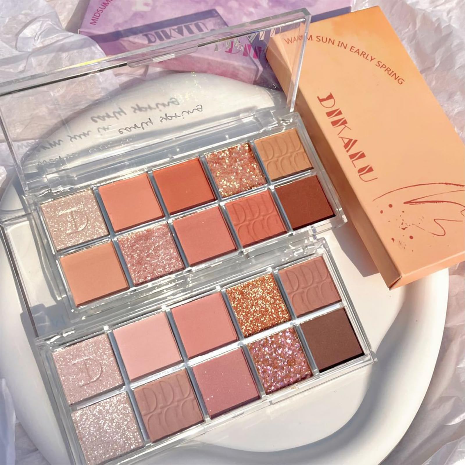 Erinde 10 Colors Eyeshadow Palette Makeup - Matte Shimmer Glitter Eye Shadow Korean Makeup, Ultra-Blendable, High Pigmented, Natural-Looking, Peach Brown Eyeshadow Pallet with Brush, Peach Color