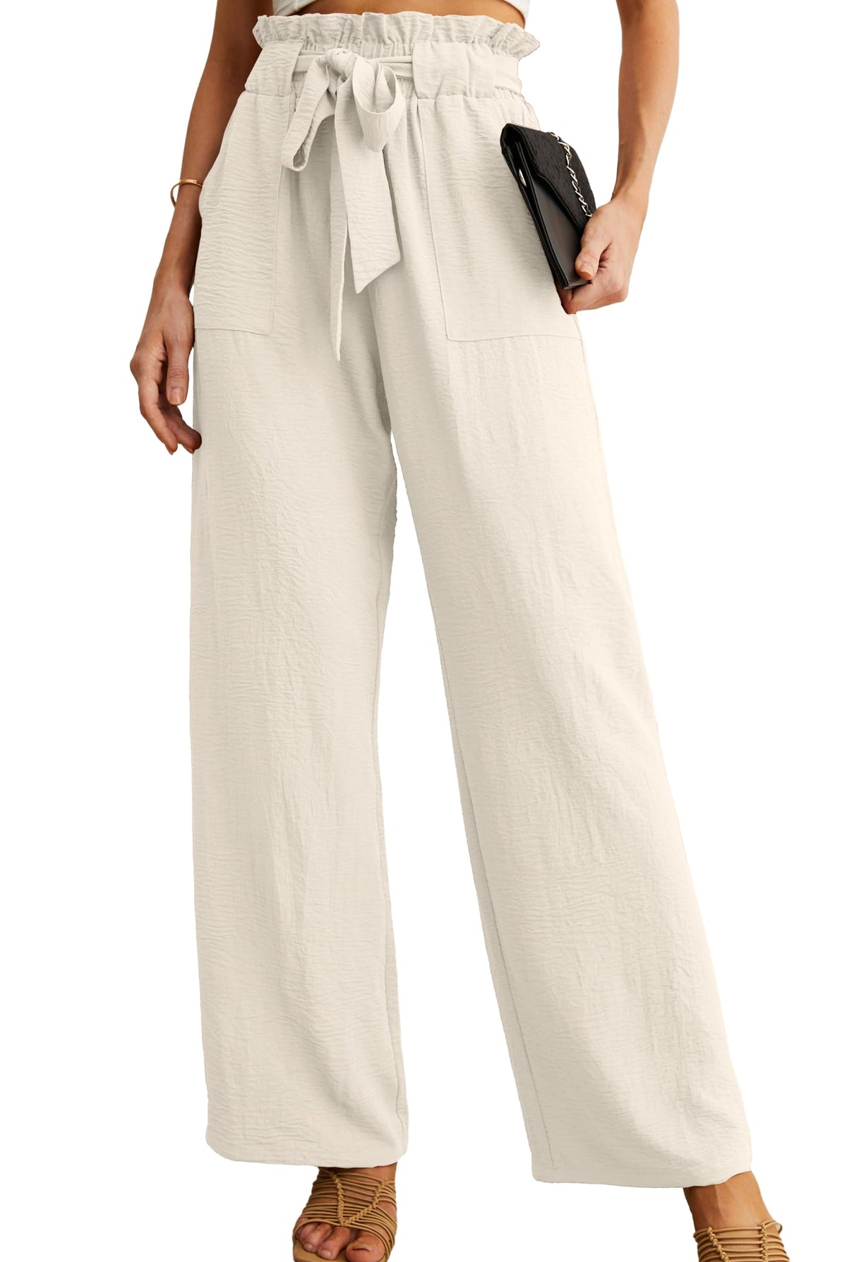 IWOLLENCE Women High Waist Palazzo Pants, Adjustable Knot Ankle Wide Leg Trousers Pockets Beach Vacation Lounge Office
