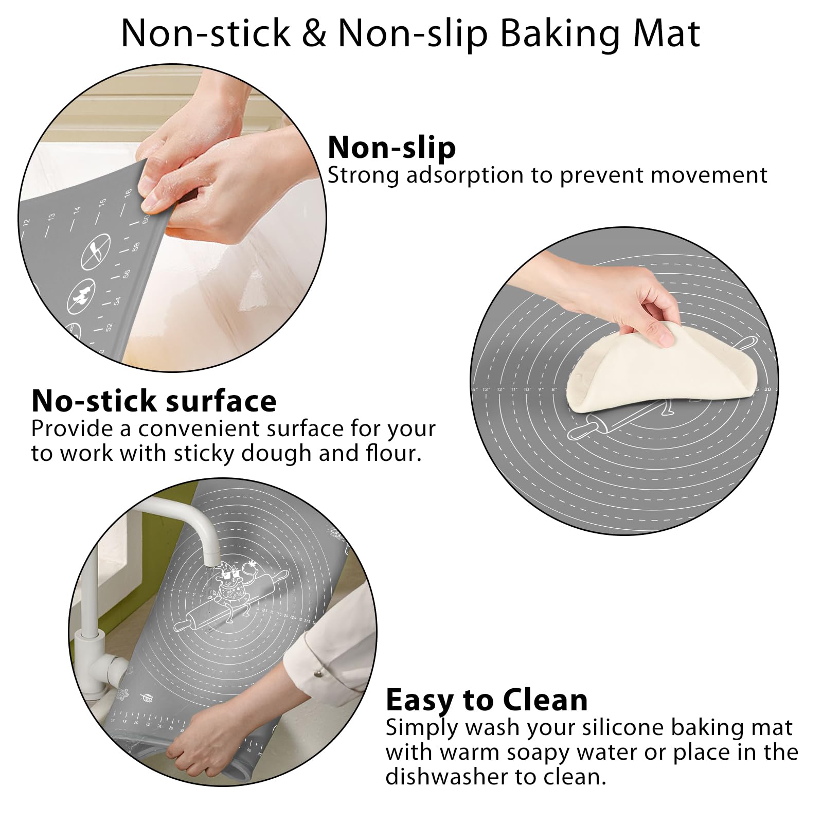 Silicone Baking Mat 24" x 16" Extra Thick Non-stick Pastry Mat with Measurements and Edge Heightening, Food Grade Silicone for Countertop Dough Rolling Making Bread, Cookies, Pizza, Fondant, Pasta