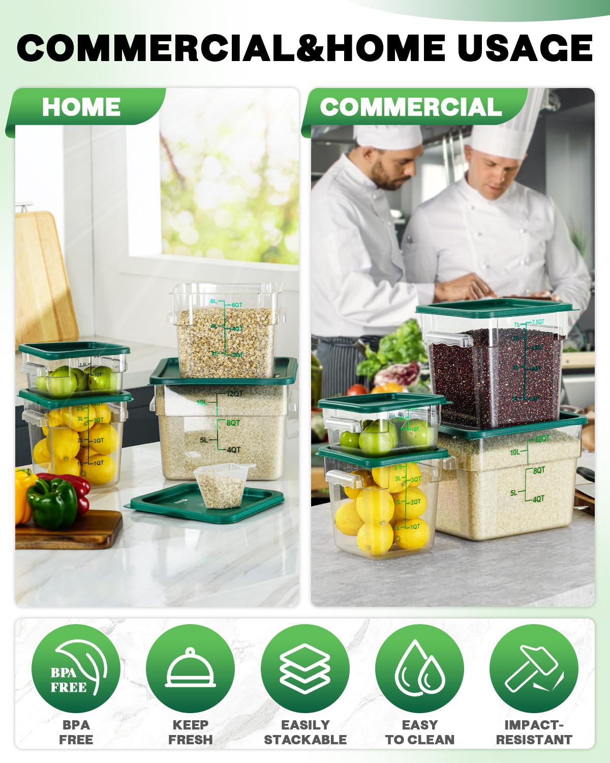 4QT NSF Food Storage Containers: 8 PCS [Food Grade][Hot&Cold Resistant] Commercial Clear Food Storage Containers with Lids for Restaurant Kitchen Proof Dough, Measuring Spoons Included(BPA FREE)