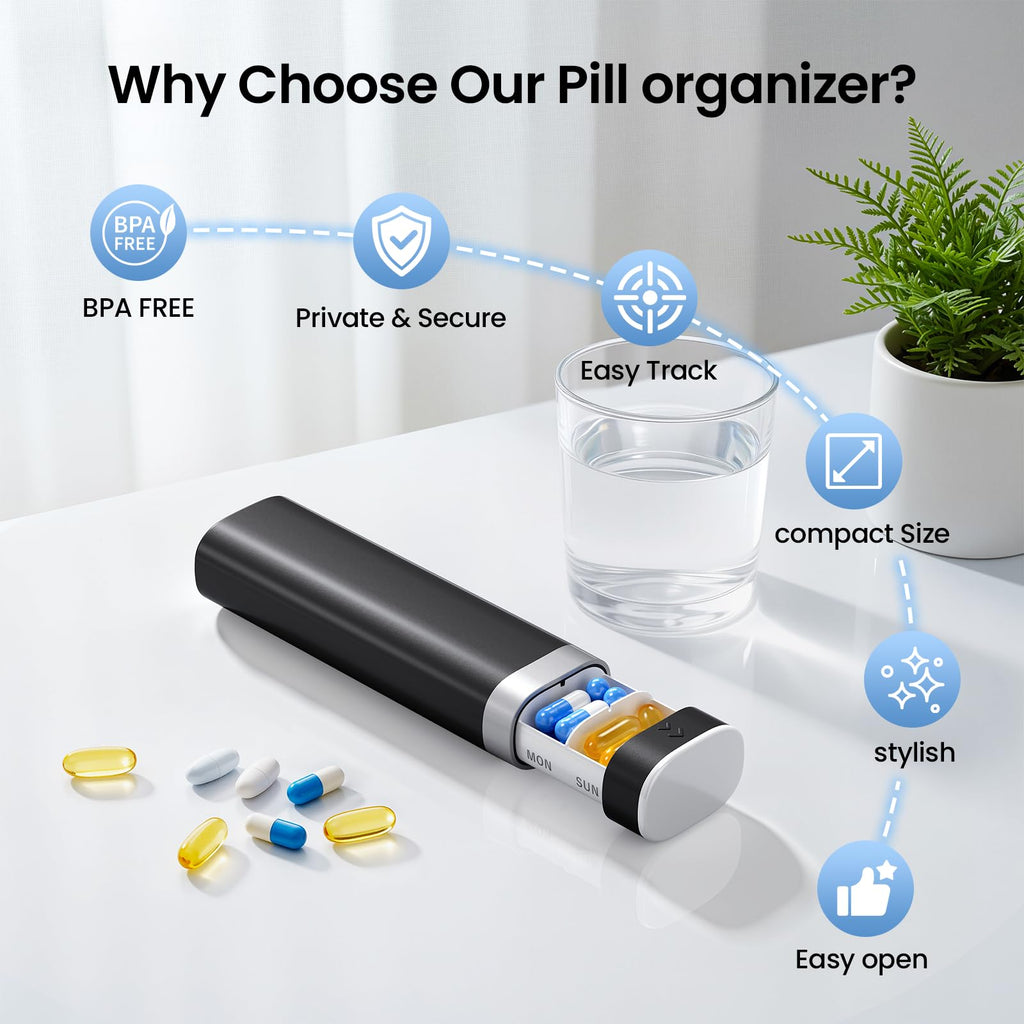 Betife Travel Pill Organizer Weekly 7 Day, Compact Daily Pill Box, Portable Medicine Case, Cute Pill Holder for Vitamins Supplements, Drawer-Shaped Pills Organizer (Black)