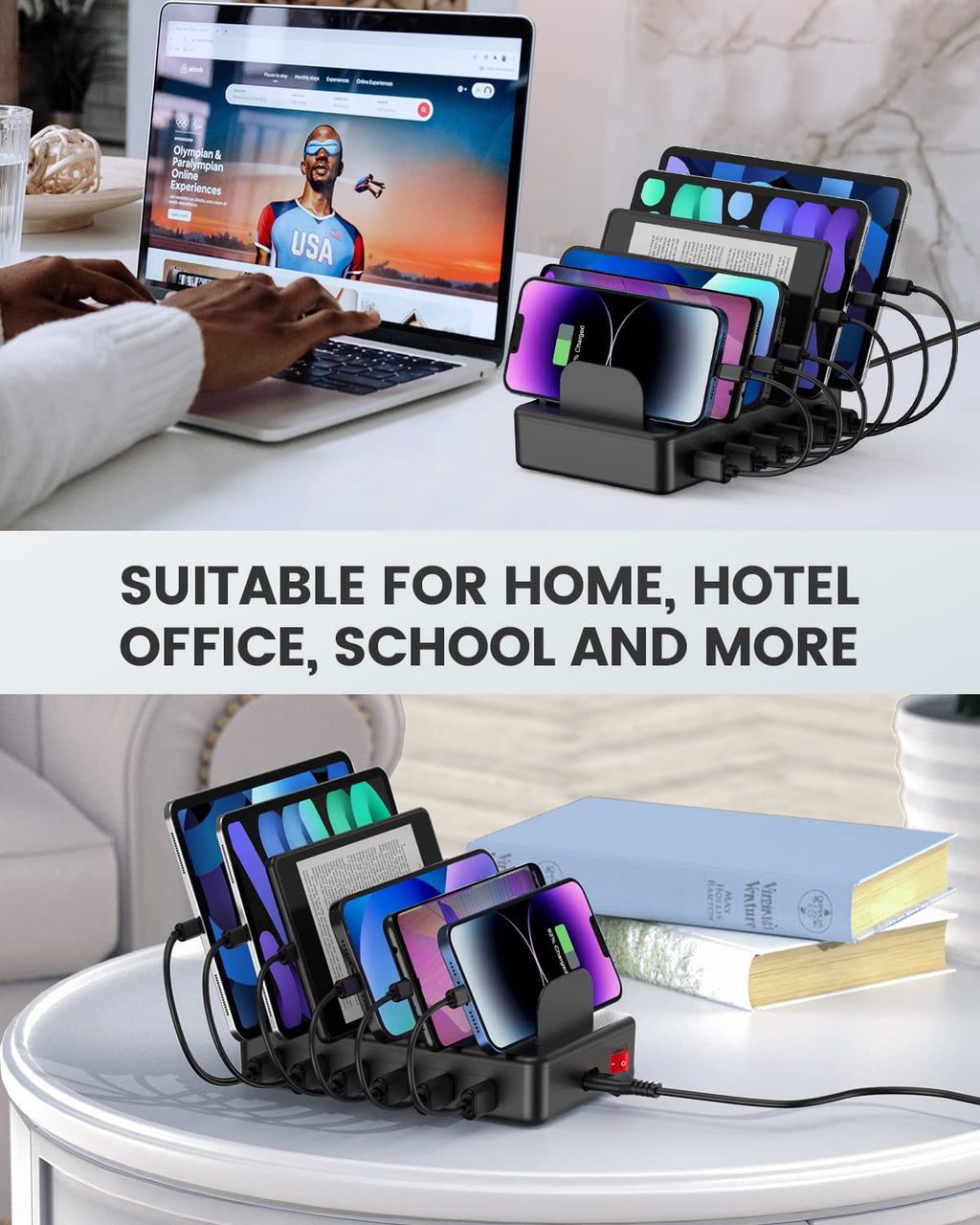 CREATIVE DESIGN 50W 6 Ports Multi Charger Station with 6 Charging Cables, USB Charging Dock for Multiple Devices, Compatible with Cellphone iPad Kindle Tablet and Other Electronic Devices