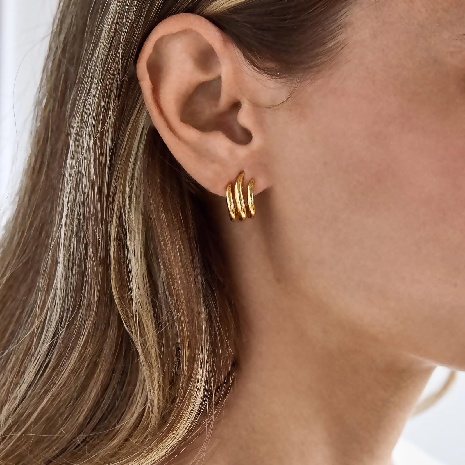 Obidos 14K Gold Plated Illusion Stud Earrings for Women | Triple Huggie Hoop Earrings for One Hole| Trendy Simple Hypoallergenic Fashion Accessories Gold Jewelry Gifts for Womens