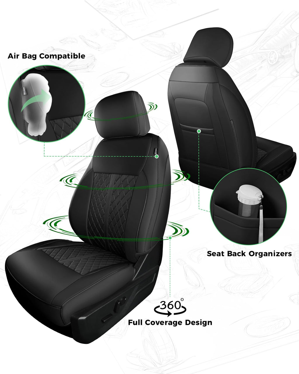 for Ford F150 Leather Seat Covers, Super Crew Cab XL XLT 2015-2020, F250 F350 F450 Super Duty Crew Cab 2017-2022,Custom Truck Seat Cover Full Set, Pickup Accessories, Black (Bucket Seat)