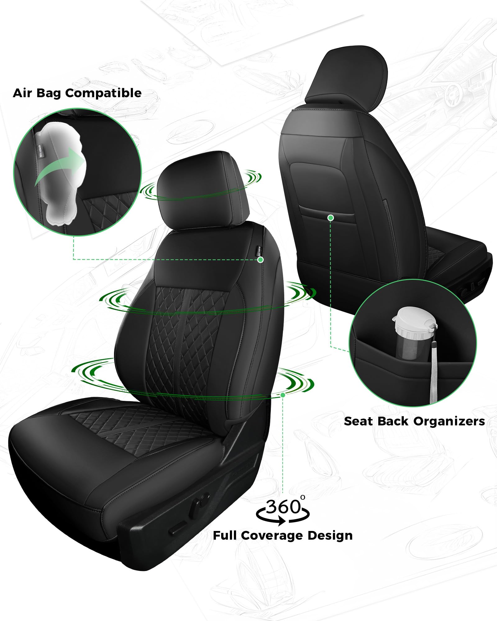 for Ford F150 Leather Seat Covers, Super Crew Cab XL XLT 2015-2020, F250 F350 F450 Super Duty Crew Cab 2017-2022,Custom Truck Seat Cover Full Set, Pickup Accessories, Black (Bucket Seat)