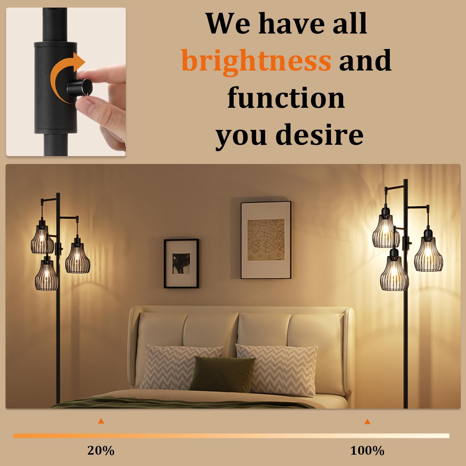 Ziisee Dimmable Floor Lamps for Living Room, Industrial Tree Standing Tall Lamps with 3 Elegant Cage Shade & 800 Lumens LED Bulbs for Bedroom Office - Brown