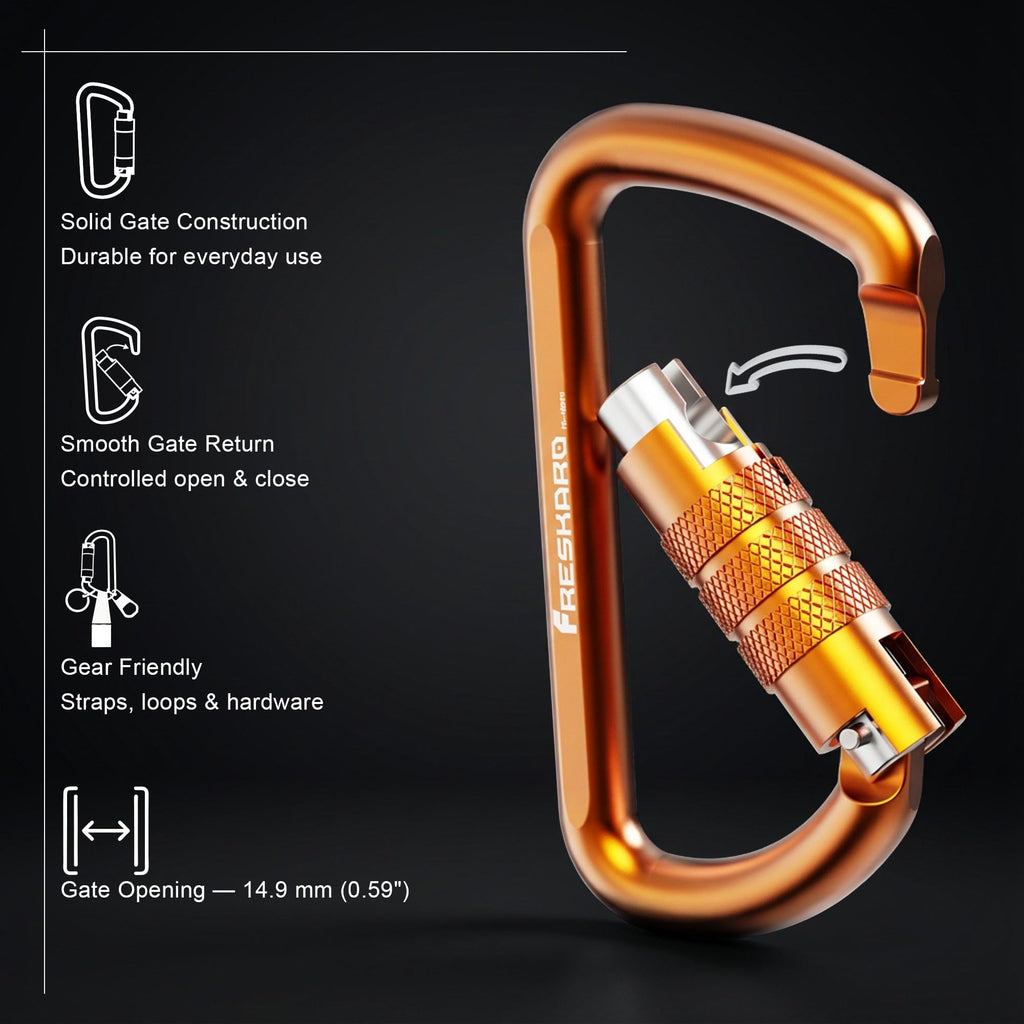FresKaro 3inch 12kN-2698lbs Auto Locking Carabiner Clips, Solid D Shape, Heavy Duty 7075 Aluminum, Lightweight 1.09oz, Rust Proof, for Hammock, Hiking, Dog Leash, Keychain etc., Multi-Colors