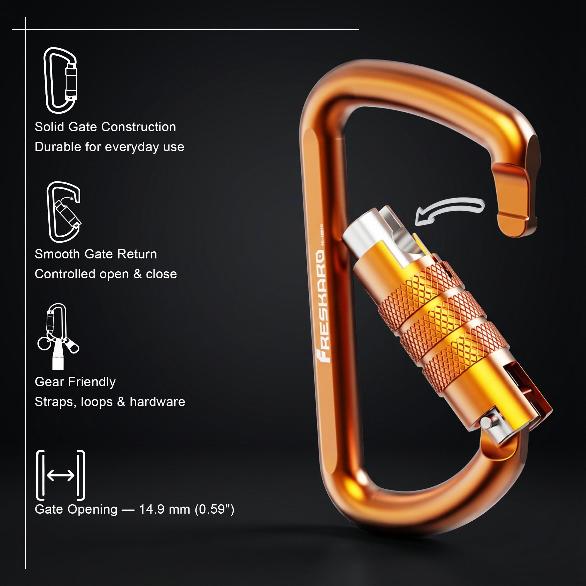 FresKaro 3inch 12kN-2698lbs Auto Locking Carabiner Clips, Solid D Shape, Heavy Duty 7075 Aluminum, Lightweight 1.09oz, Rust Proof, for Hammock, Hiking, Dog Leash, Keychain etc., Multi-Colors