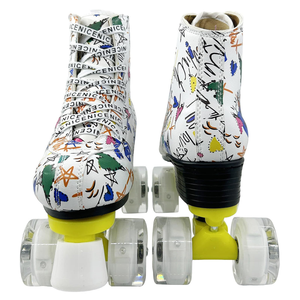 Roller Skates for Men and Women, Black Derby Roller Skates with 4 Shiny Wheel, Classic Double-Row Roller Skates for Indoor and Outdoor