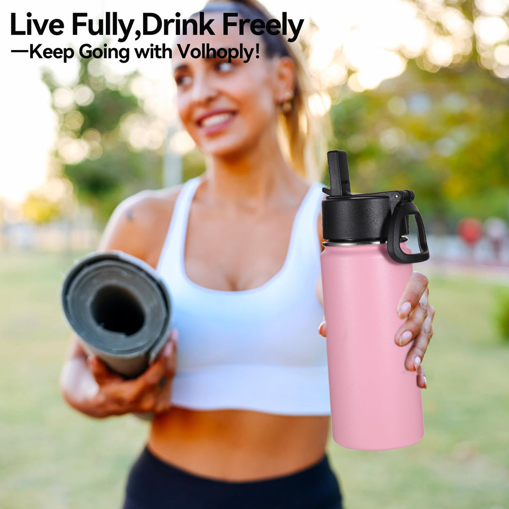 Volhoply Kids Insulated Water Bottle with Straw,16oz Stainless Steel Cold Water Bottles for School,BPA-Free Metal Wide Mouth Cups with Handle Lid,Reusable Double Wall Vacuum Sport Flask(Black,1)
