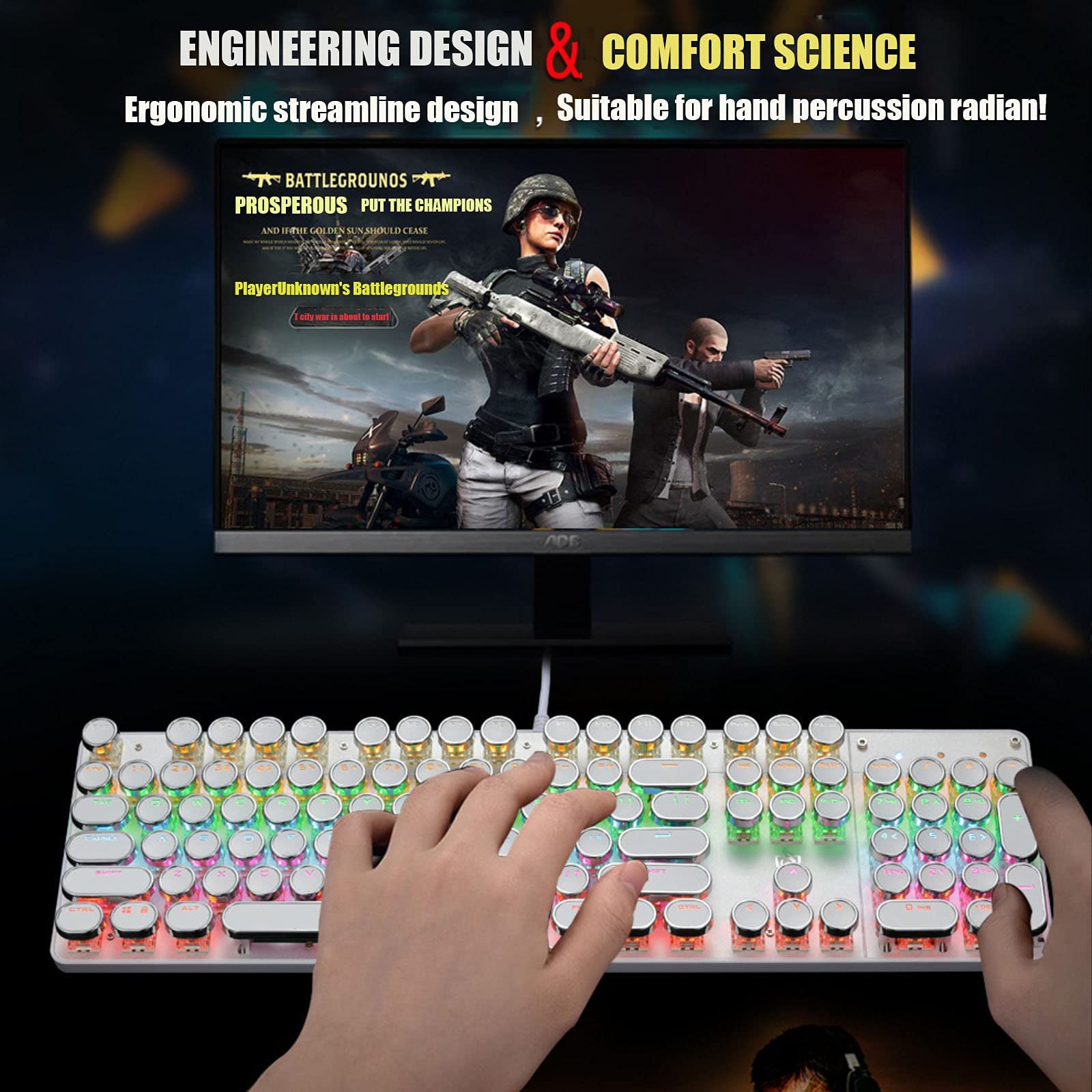 YSCP Typewriter Style Mechanical Gaming Keyboard RGB Backlit Wired with Blue Switch Retro Round Keycap 104 Keys Keyboard (R-Black)