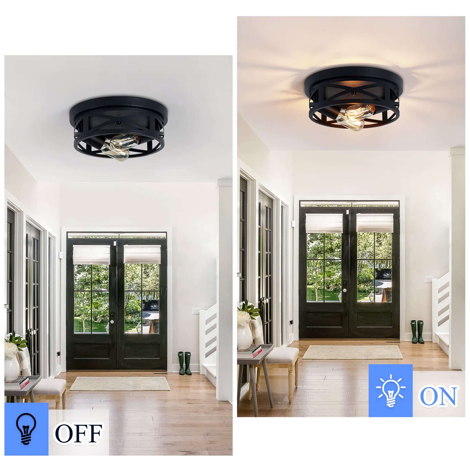 SKEJAO Flush Mount Ceiling Light Fixture,Black 2-Light Hallway Light Fixtures Ceiling,Light Fixtures Ceiling Mount for Farmhouse,Kitchen,Hall,Bedroom,Bathroom (2 Pack)