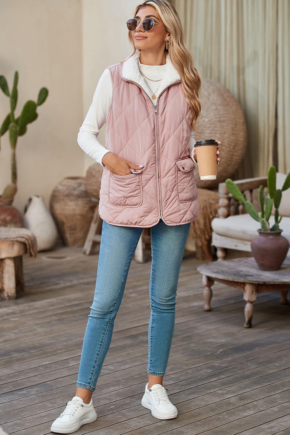 SHEWIN Women Puffer Vest Casual Stand Collar Sleeveless Puffer Jacket Warm Winter Reversible Zip Up Outerwear with Pockets