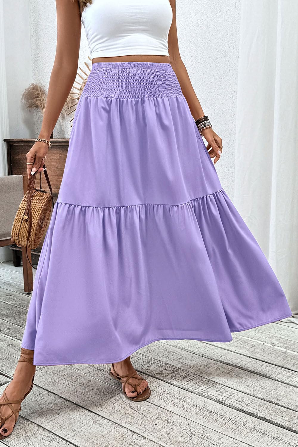 Women's Smocked High Waist Maxi Skirt Casual Boho Long Skirts with Pockets