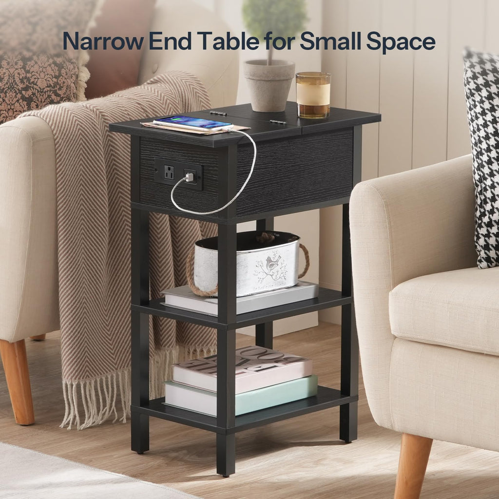HOOBRO End Table with Charging Station, Flip Top Side Table with USB Ports, Narrow Nightstand Bedside Tables with Storage Shelves, for Small Space, Living Room, Black BK141UBZ01