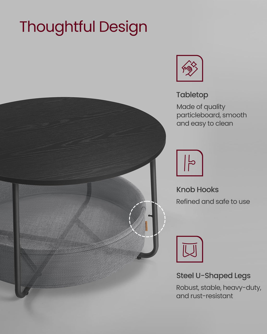 VASAGLE LILEA Collection - Coffee Table with Storage, Round Center Table for Living Room with Fabric Basket, Modern Style, Metal Frame, Ebony Black and Slate Gray ULCT244B56