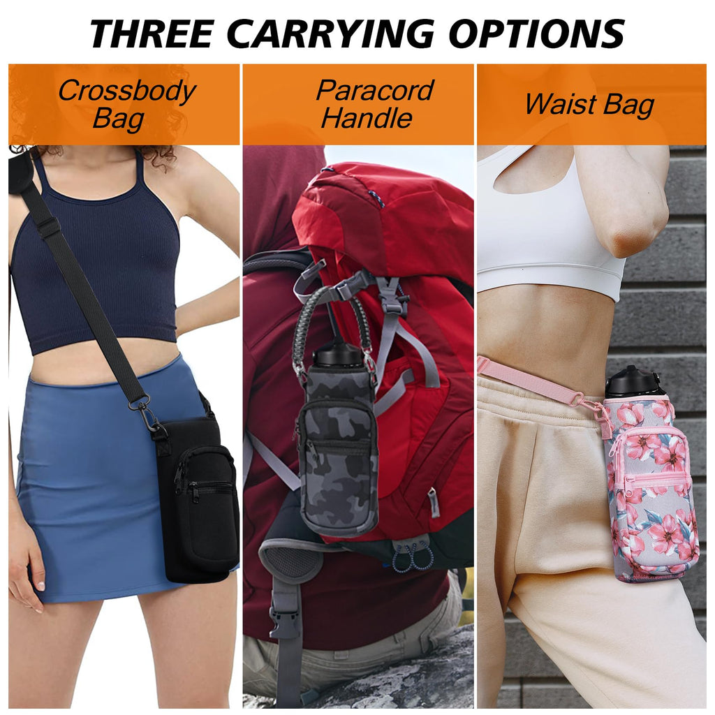 AceTreker 32/40/64/128 oz Neoprene Insulated Water Bottle Carrier Bag, Sling Bag Sleeve Pouch Holder with Strap & Paracord Handle and 2 Pocket for Travelling, Hiking, Camping