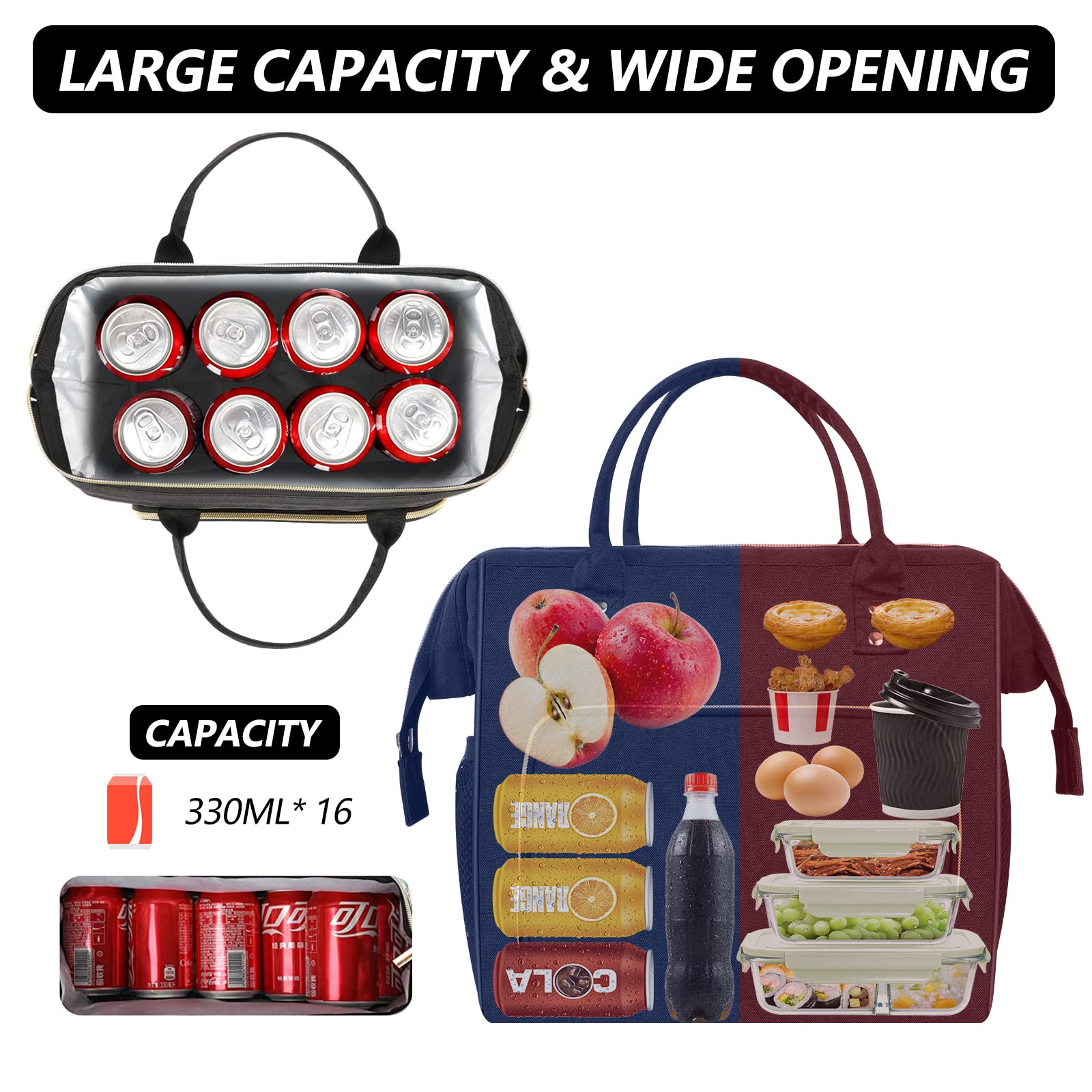 IDEATECH Insulated Lunch Box for Women & Men, Stylish Ladies Lunch Bag for Work, Leak Proof Portable Cooler Bag for Picnic, Black Lunch Tote Bags with Adjustable Shoulder Strap, Gifts for Mom (Black)