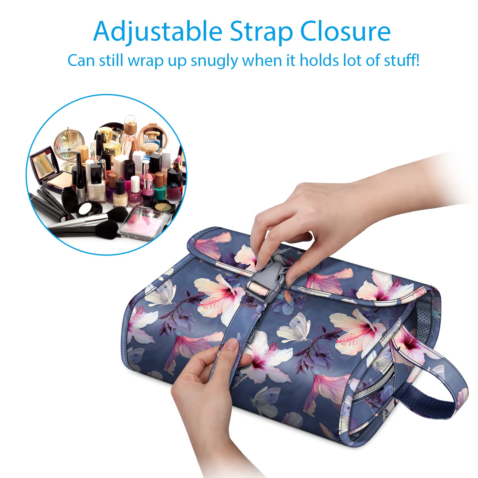 FINTIE Portable Toiletry Cosmetic Travel Bag, Large Water Resistant Hanging Makeup Organizer Storage Pouch Case for Women Girls (Blooming Hibiscus)