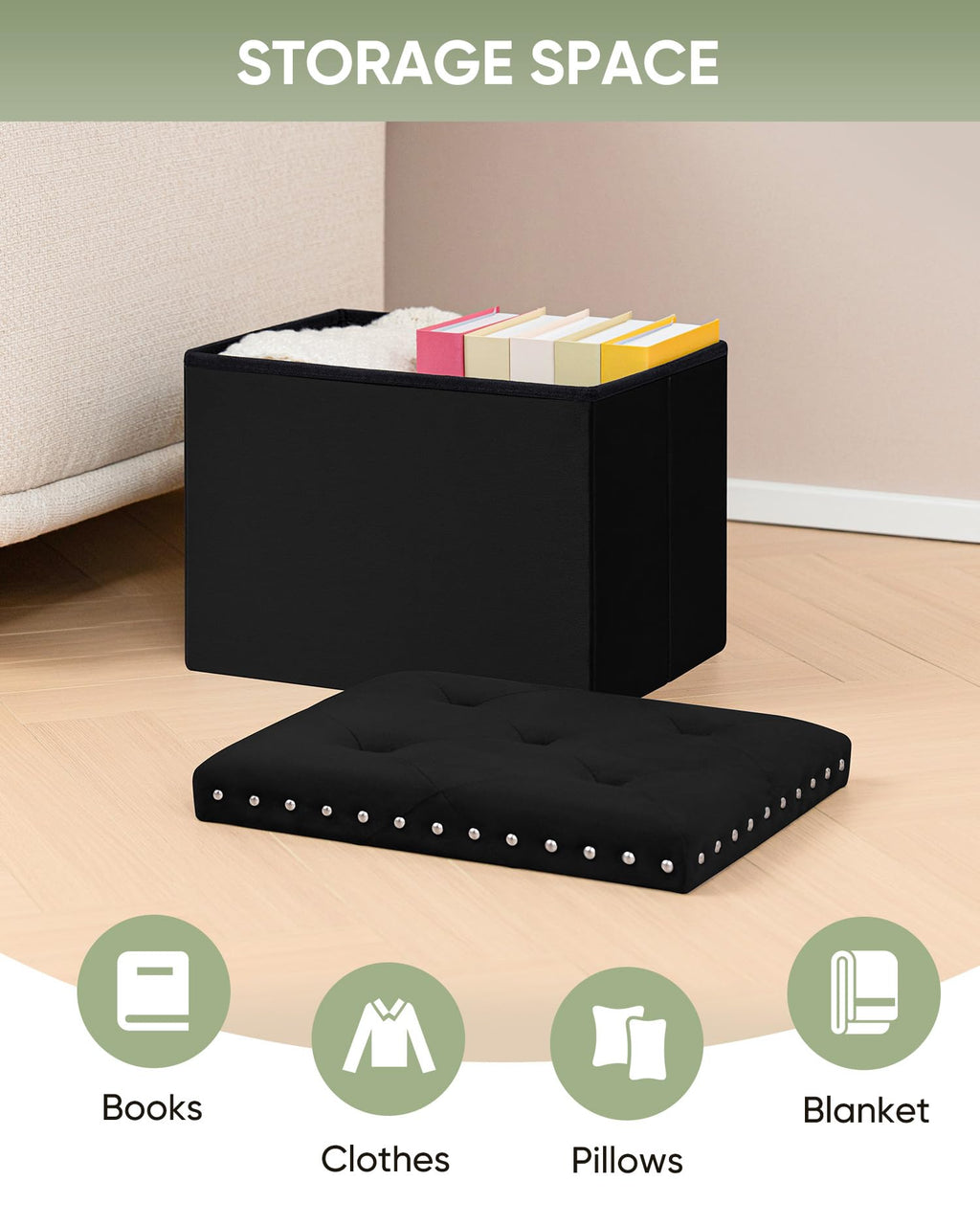 B FSOBEIIALEO Storage-Ottoman Cube-Folding Tufted - Ottomans with Storage, Coffee Table Top Cover, Storage Boxes Footrest Stool for Bedroom, Luxury Velvet Fabric 15.7 Inches Black
