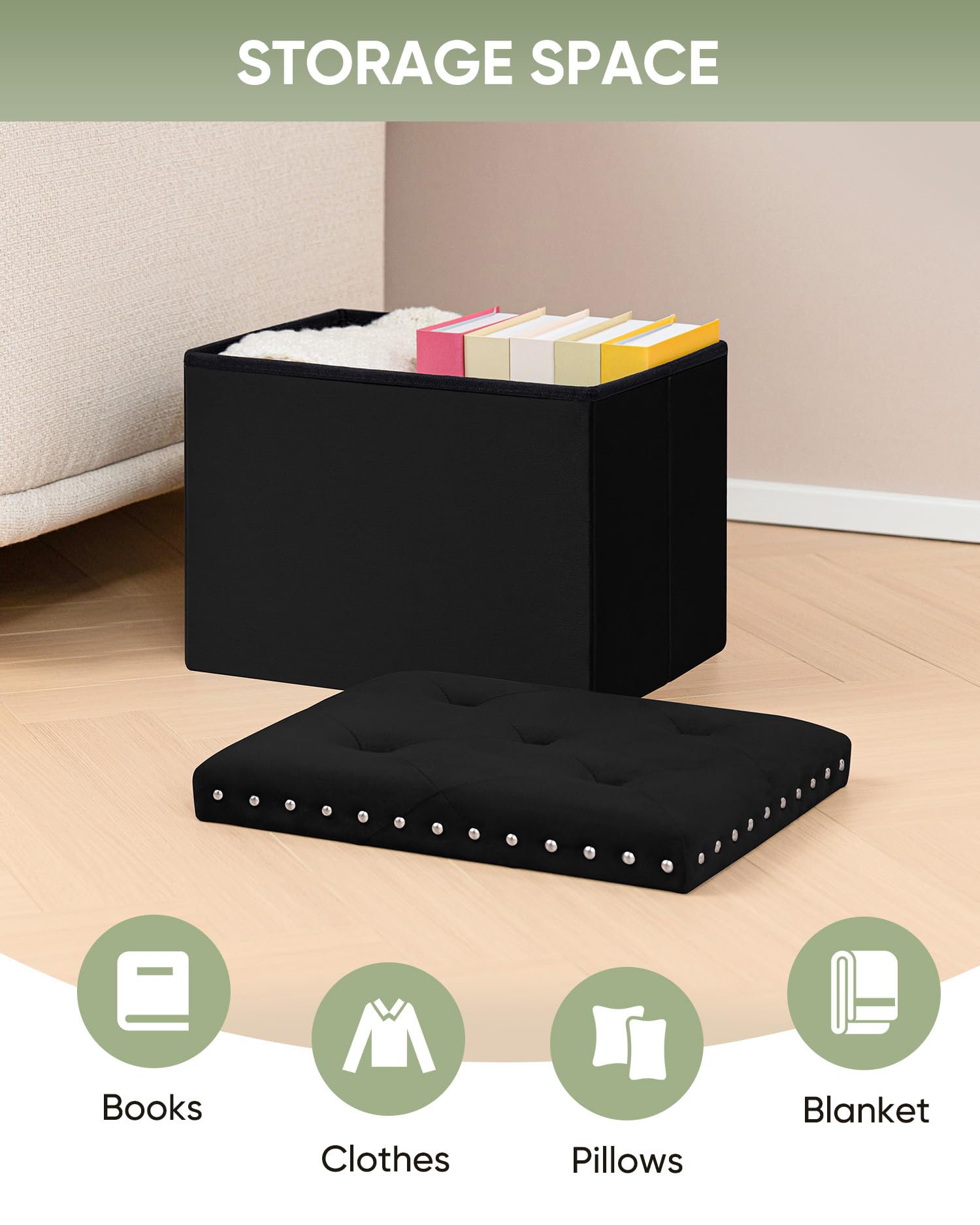 B FSOBEIIALEO Storage-Ottoman Cube-Folding Tufted - Ottomans with Storage, Coffee Table Top Cover, Storage Boxes Footrest Stool for Bedroom, Luxury Velvet Fabric 15.7 Inches Black