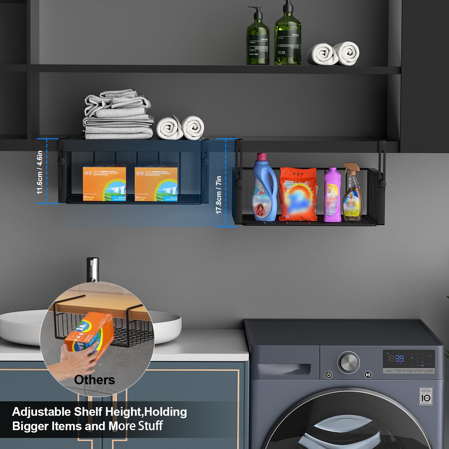 AmonHouseware 2Pack Under Shelf Basket Organizer,Adjustable Hanging Holder Storage for Cabinet Pantry Kitchen Cupboard Desk Counter Bookshelf Organization Add-on Space Saver Heavy Duty Slide-in,Black