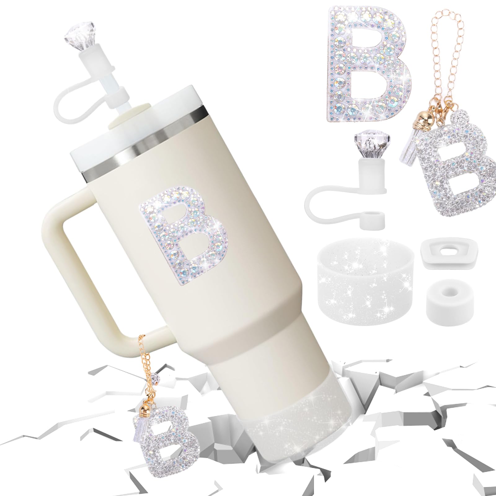 Mity rain Accessories Set for Stanley Cup, Initials Decorations for Tumbler Cup 30/40OZ, Including Diamond Straw Topper/Spill Proof Stopper/Sparkly Silicone Boot Set/Letter Charms for Handle A-Z (A-)