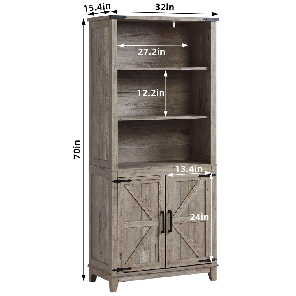 Joaxswe 70in Tall Bookshelf 5 Tier Bookcase with Barn Doors and Adjustable Shelves, Black Farmhouse Book Shelf with Storage Cabinet, Wood Freestanding Display Bookshelves for Bedroom, Living Room