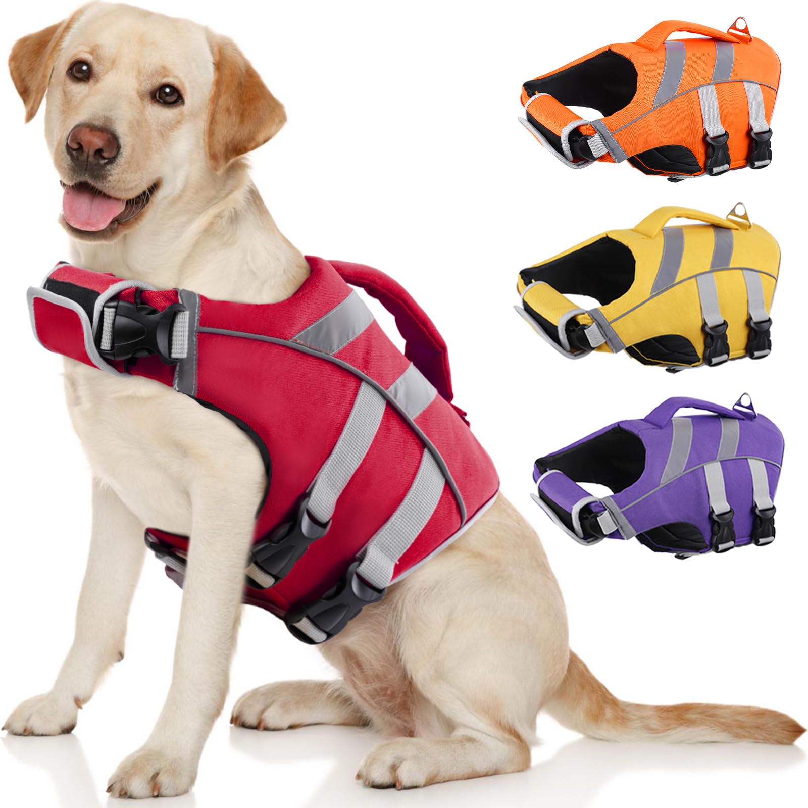 Kuoser Dog Life Jacket with Reflective Stripes, Dog Life Vest for Swimming Boating, Adjustable Pet Lifejackets with High Flotation, Doggie Swimsuit for Small Medium Large Dogs