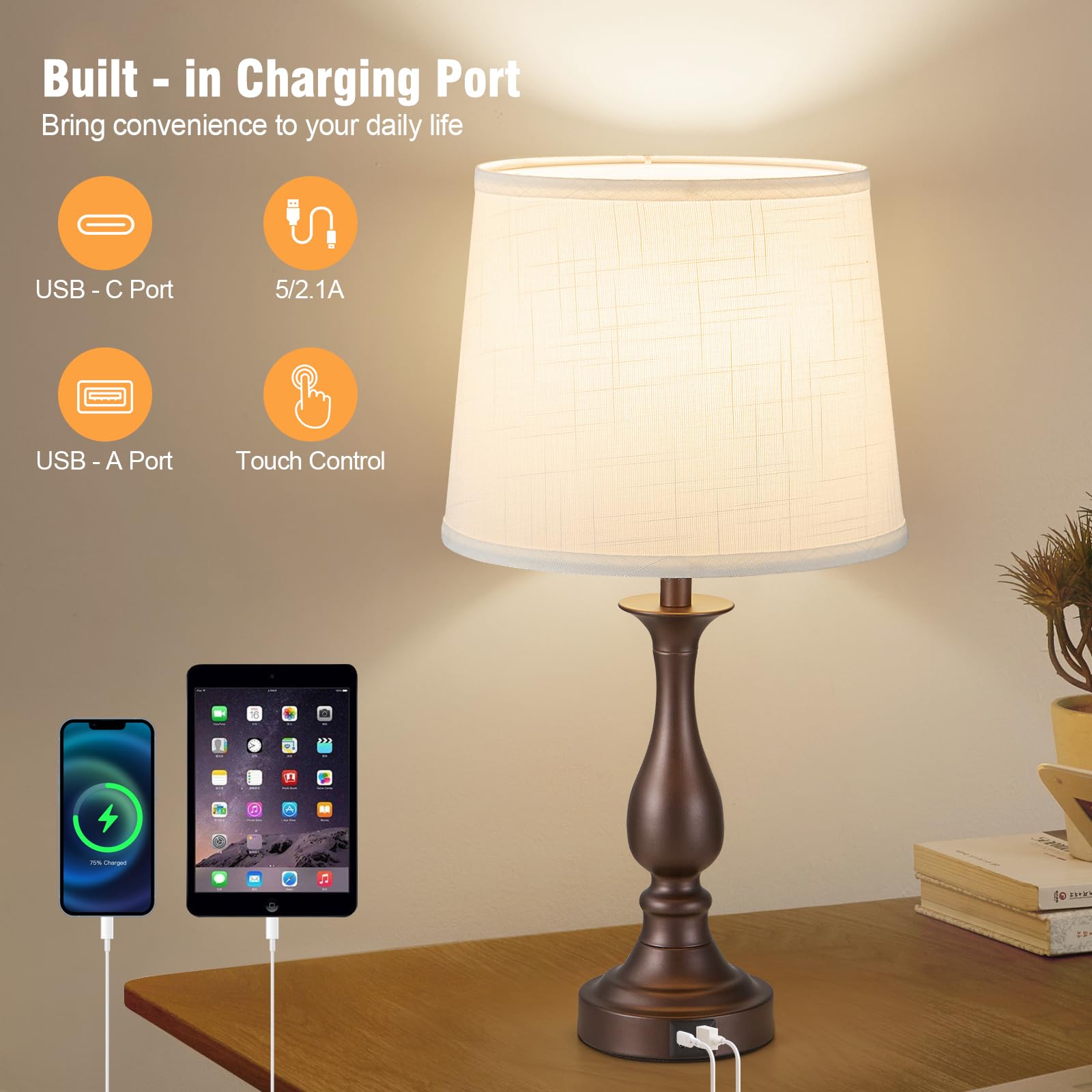 Bedside Table Lamp Touch Control Bedroom Lamps with USB A and C Charging Port 3 Way Dimmable Touch Lamps for Nightstand Living Room Bedroom Dorm Home Office Reading, Set of 2