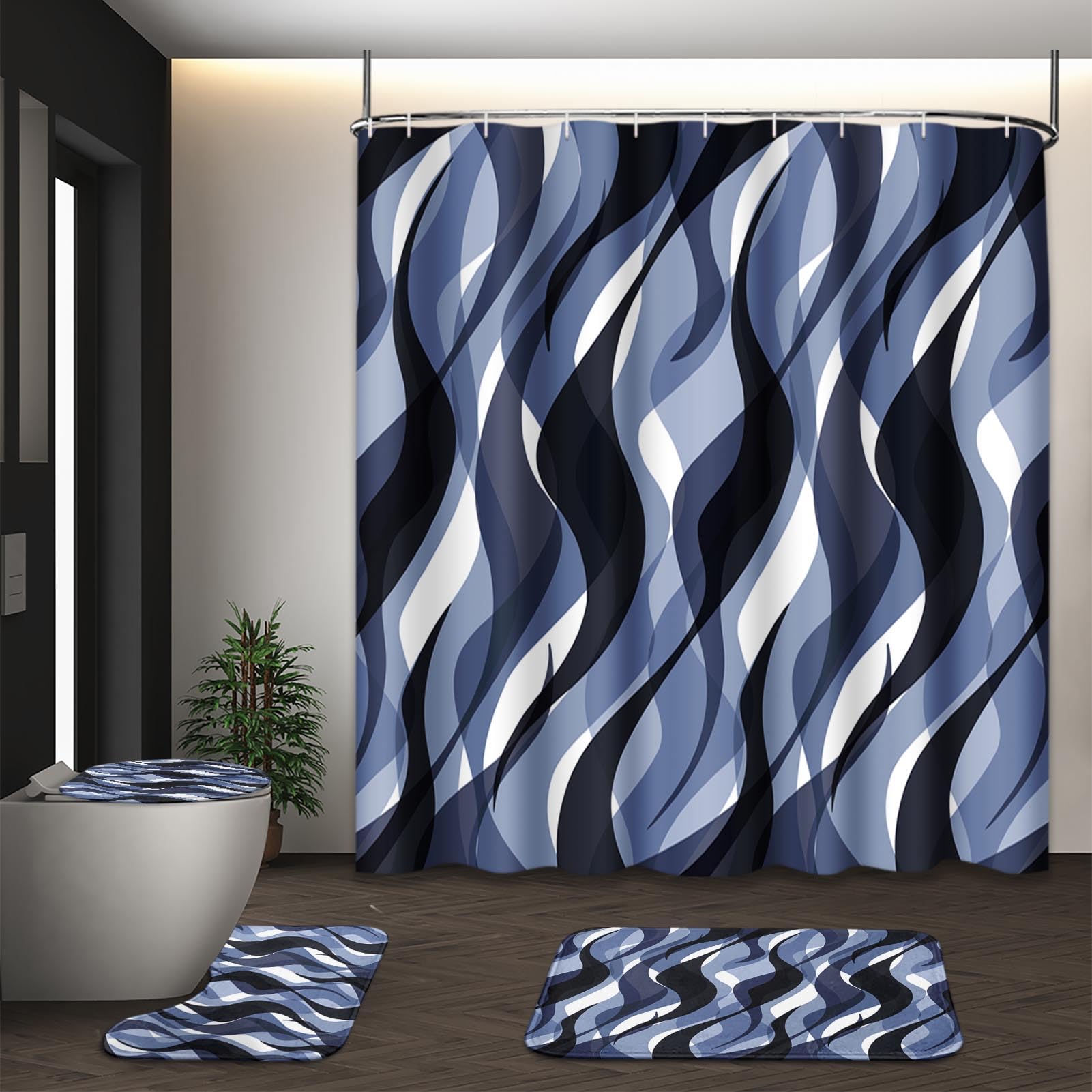 Beige Geometric Shower Curtain Set with Toilet Lid Cover and Non-Slip Rugs for Bathroom, Black Grey White Checkered 4 Pcs Shower Curtain, Modern Abstract Bathroom Set with 12 Hooks