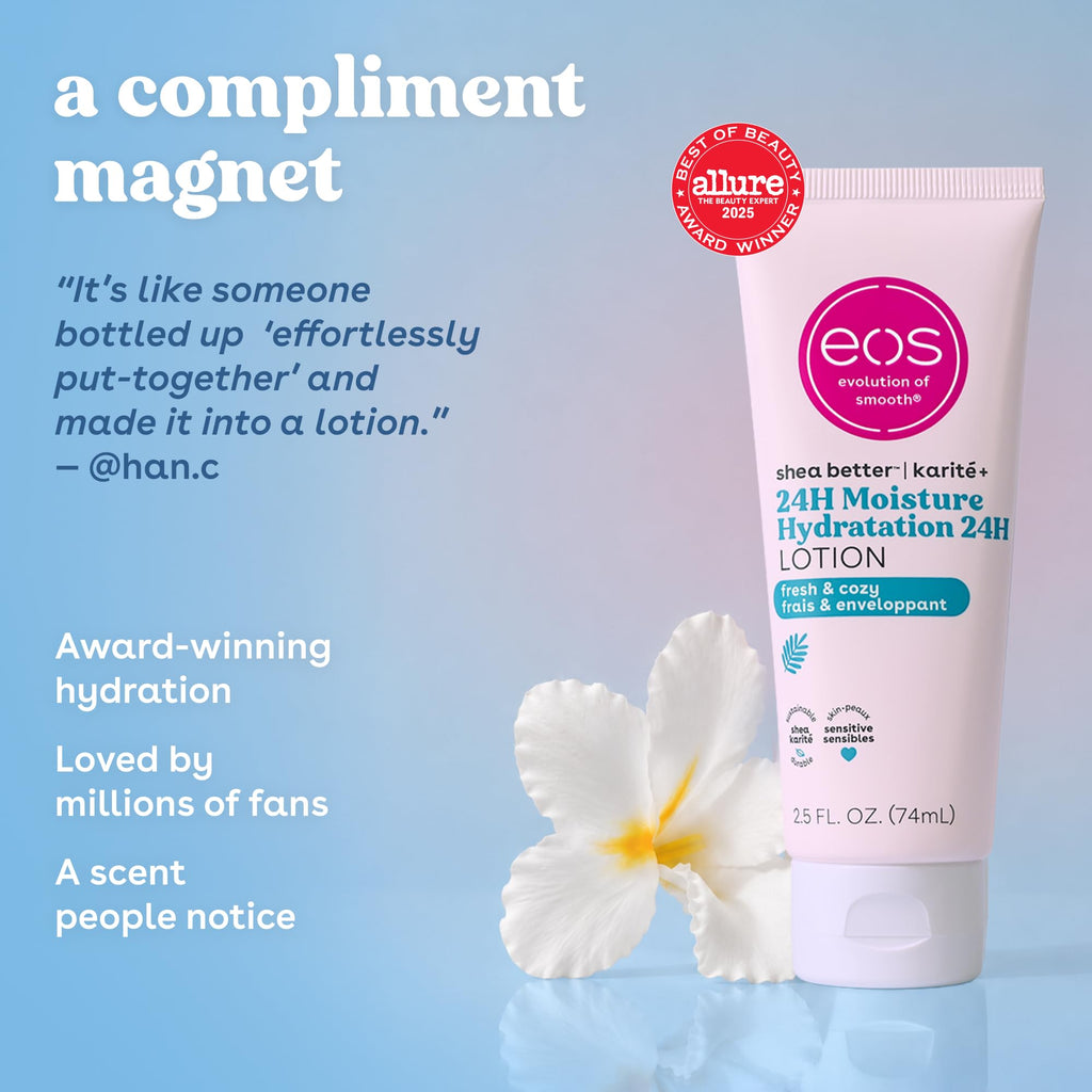 eos 24H Moisture Travel Body Lotion- Fresh & Cozy, Travel Size Essential, Toiletries, Mini Body Lotion, 2.5 fl oz
