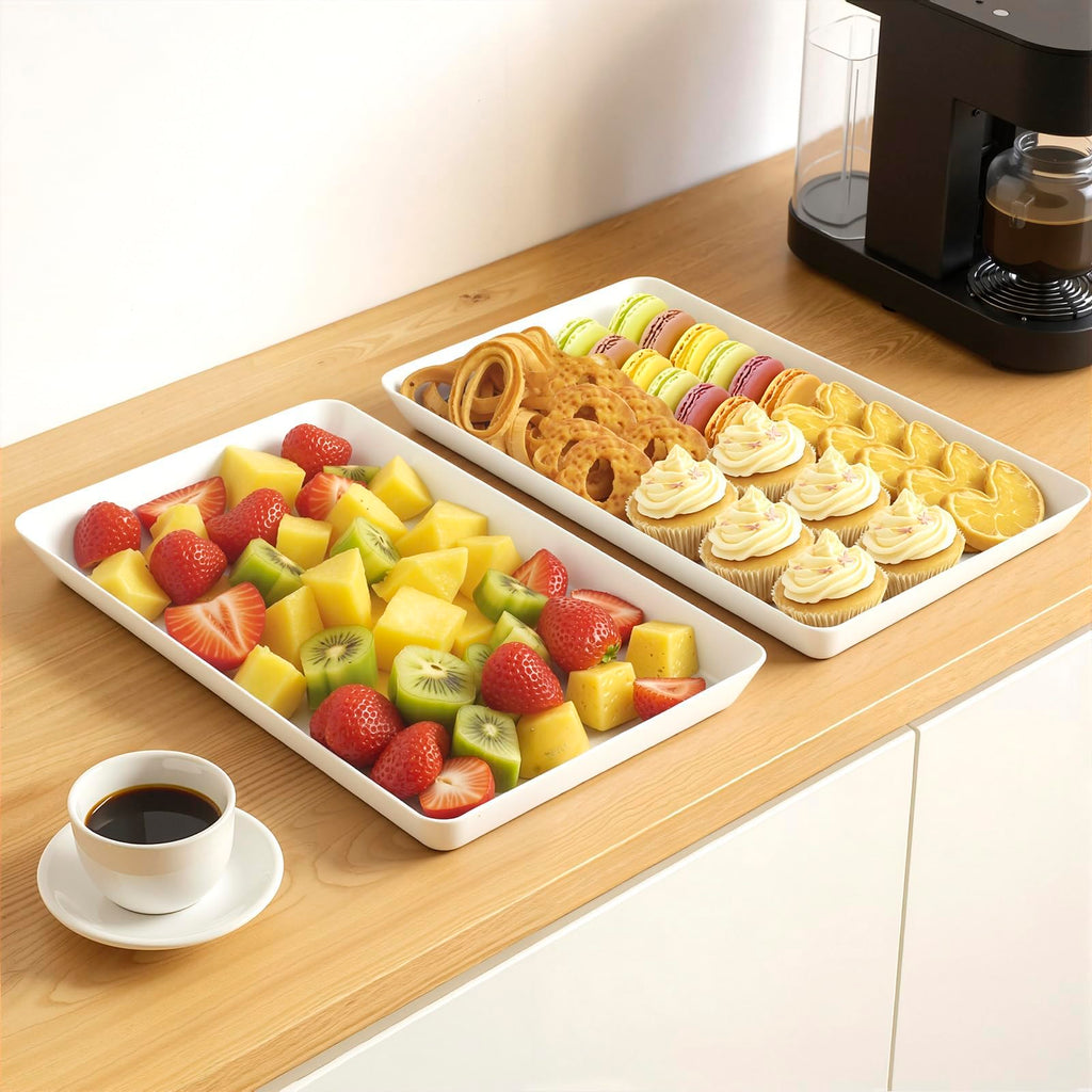 WOWBOX 4 pcs Serving Tray for Entertaining, Serving Platters for Snacks, Fruit, Cookies, Dessert, Reusable Plastic Trays for Serving Food, (White, Black, Green, Red)