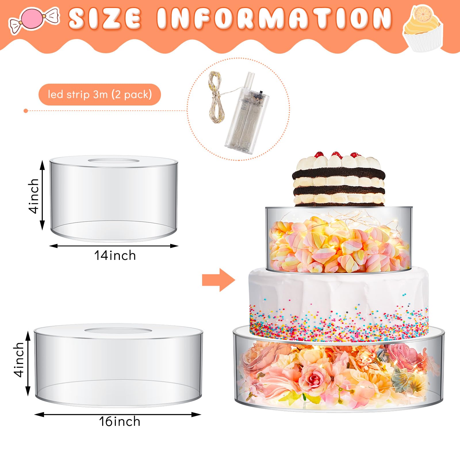 Sunnyray 2 Pcs Acrylic Cake Stands for Dessert Table Clear Fillable Cake Riser Cupcake Tier with LED Strings for Birthday Wedding Holiday Party Display(6'', 8'')