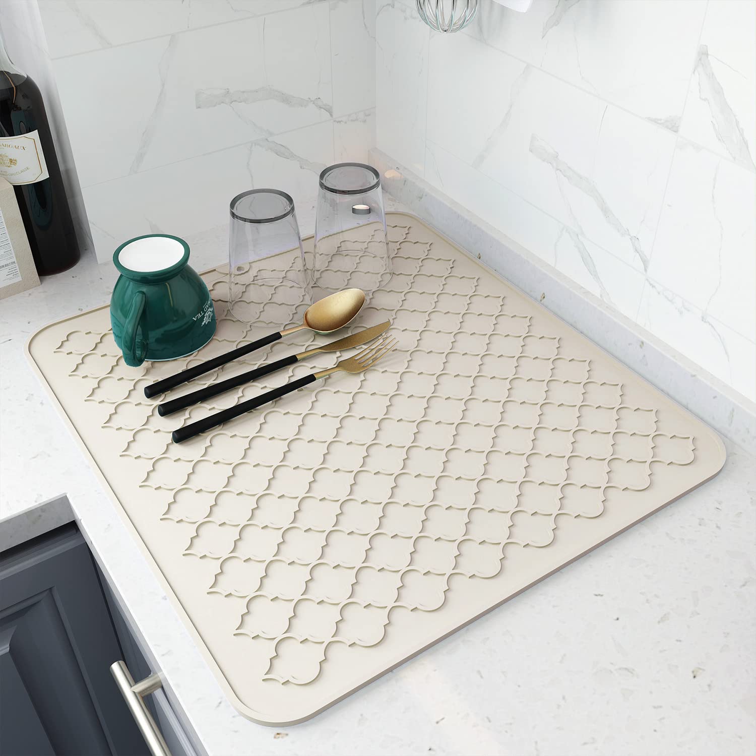 AMOAMI-Dish Drying Mats for Kitchen Counter-Silicone Dish Drying Mat-Kitchen Dish Drying Pad Heat Resistant Mat-Kitchen Gadgets Kitchen Accessories Kitchen Small Appliances(12" x 16", BEIGE)