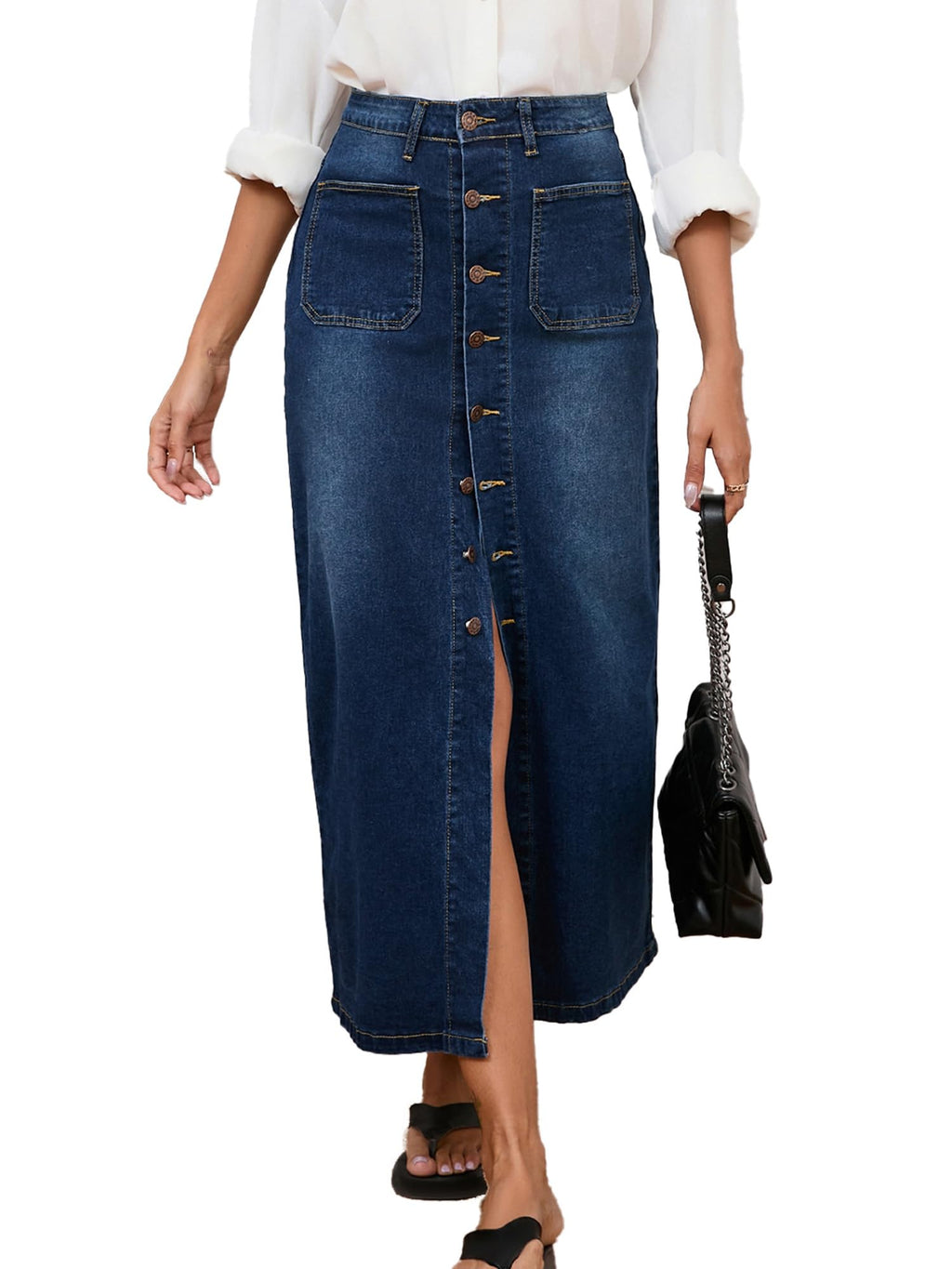 Jean Skirt for Women Denim Skirt High Waist Stretch Midi Denim Skirts with Pockets