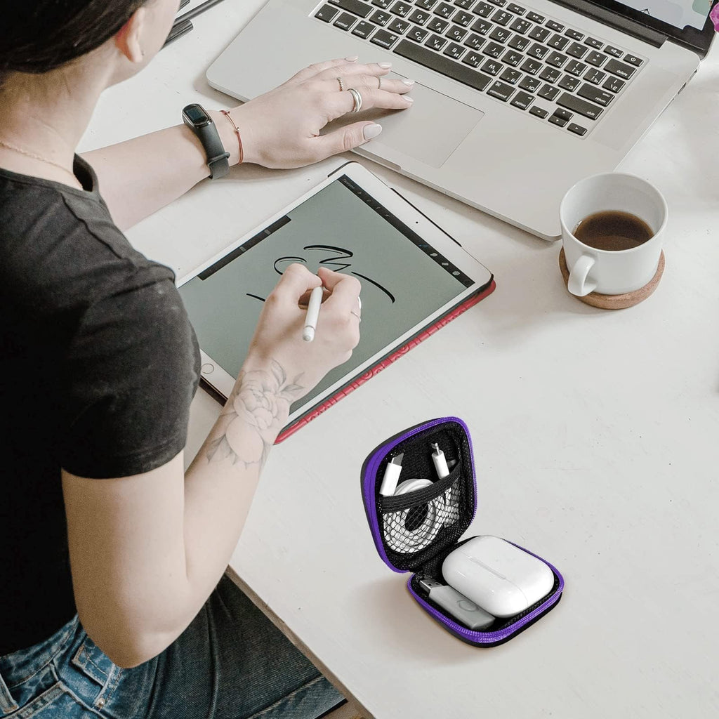 2Pack Oval Earbud Case Portable EVA Carrying Case Storage Bag Cell Phone Accessories Organizer with Carabiner for Earphone, Earbud, Earpieces, SD Memory Card, Camera Chips, Black/Purple