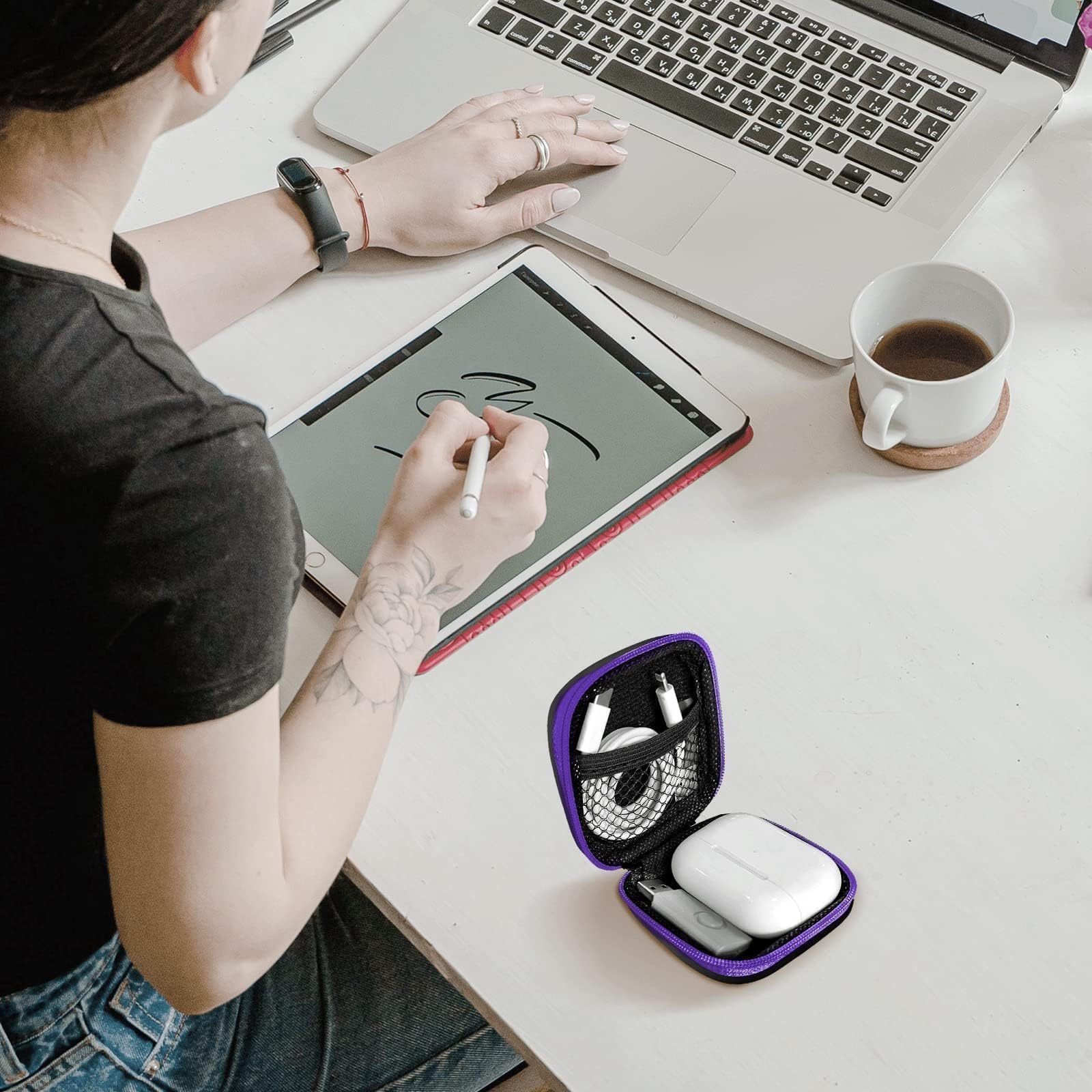 2Pack Oval Earbud Case Portable EVA Carrying Case Storage Bag Cell Phone Accessories Organizer with Carabiner for Earphone, Earbud, Earpieces, SD Memory Card, Camera Chips, Black/Purple