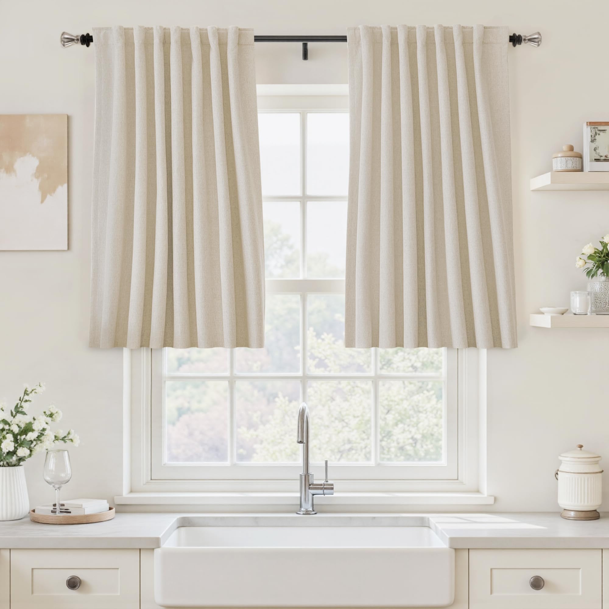 UHITECH Short Linen Curtains 24 Inch Long for Farmhouse Small Windows Modern Cafe Sytle Blackout Curtains for Living Room Back Tab Thermal Black Out Drapes 2ft
